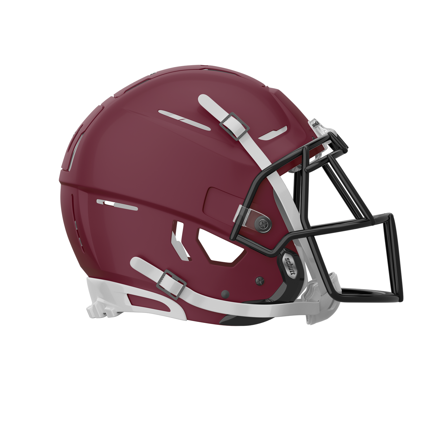 Maroon football helmet with black face mask on a white background