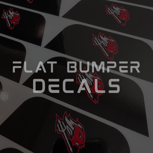 Flat bumper decals with a red and white logo on a black background