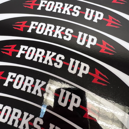 Multiple 'Forks Up' branded bicycle fork covers with a visible brand logo.