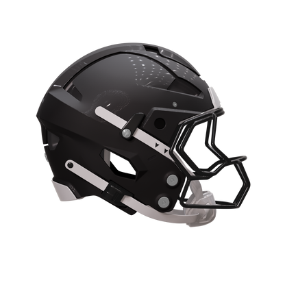 Black football helmet with a white face mask on a white background