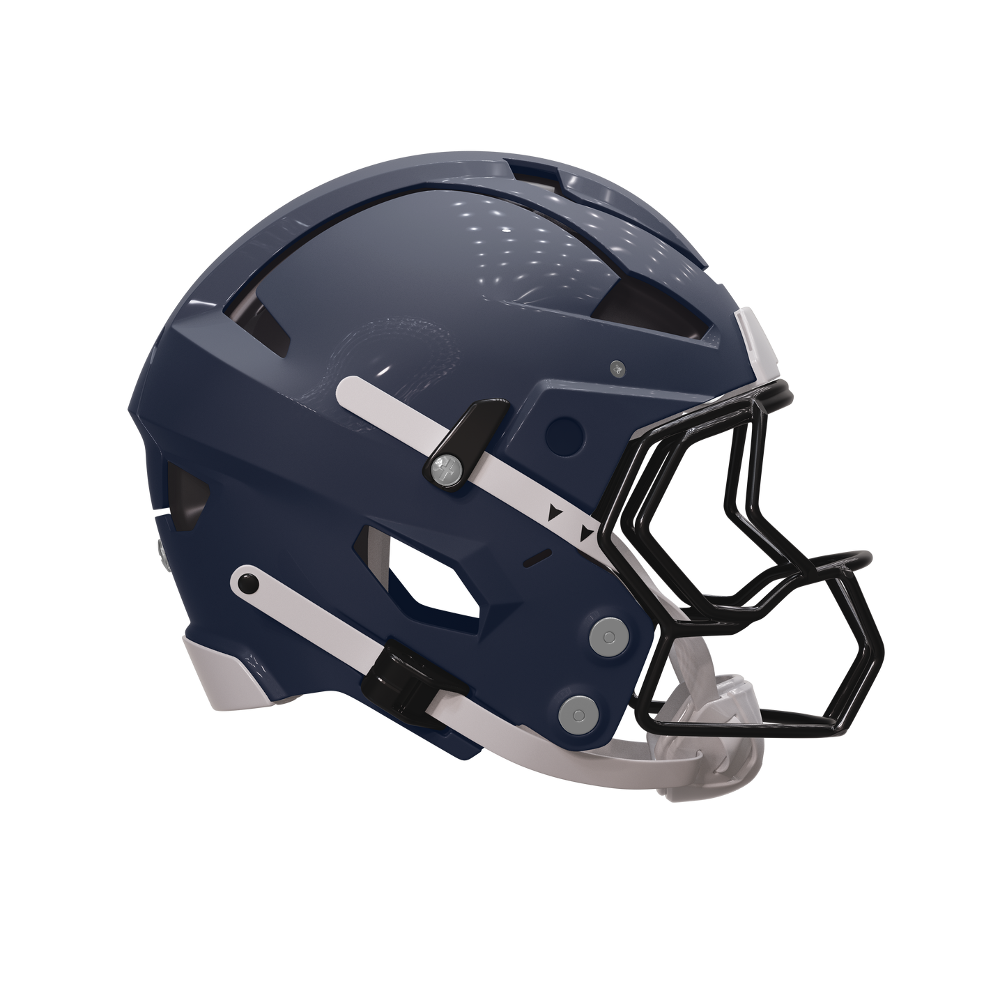 Navy blue football helmet with a black face mask on a white background