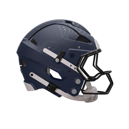 Navy blue football helmet with a black face mask on a white background