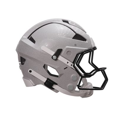 Silver football helmet with black face mask on a white background