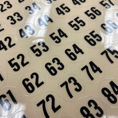 Circular stickers with black numbers on a beige background