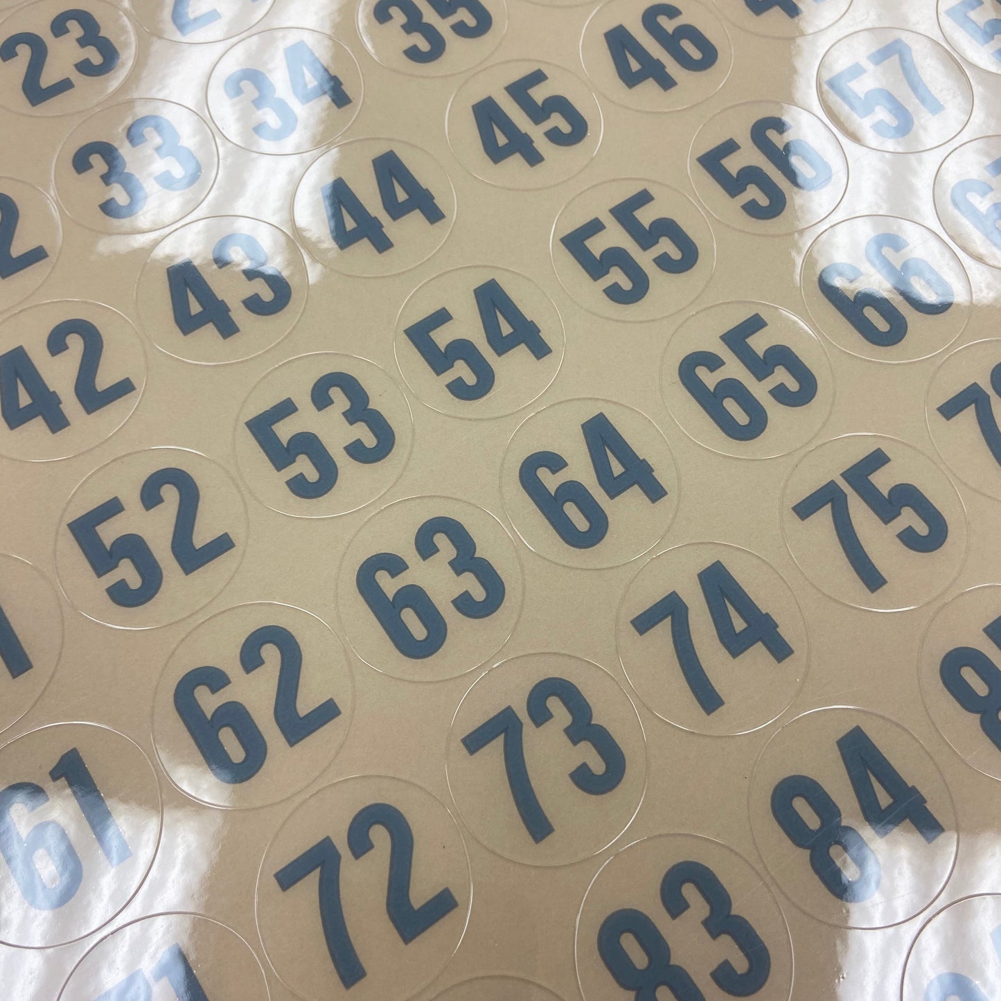 Circular stickers with numbers on a beige background