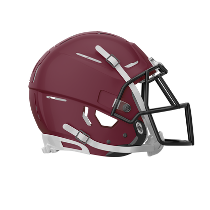 Maroon football helmet with black face mask on a white background