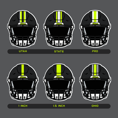 Set of six football helmets with Utah, State, Pro, 1 Inch, 1.5 Inch, and Ohio labels on a dark background.