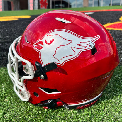 Red football helmet with a logo on a grass field